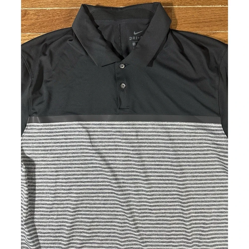 Nike Dri Fit Tiger Woods Polo Large Gray Black Stripe Mens Short Sleeve Golf